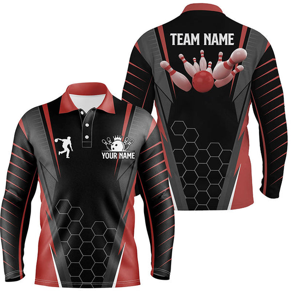 Black Men's Bowling polo Shirt Custom Name mens Bowlers Jersey, team bowling outfits | Red NQS5936