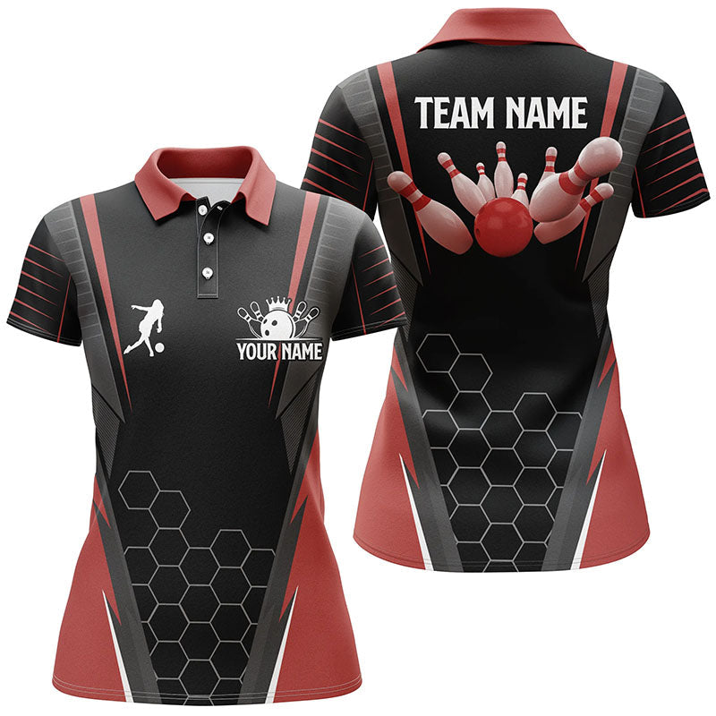 Black Women's Polo Bowling Shirt Custom Name Ladies Bowlers Jersey, team bowling outfits | Red NQS5936