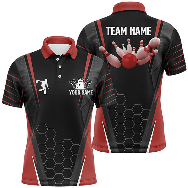 Black Men's Bowling polo Shirt Custom Name mens Bowlers Jersey, team bowling outfits | Red NQS5936