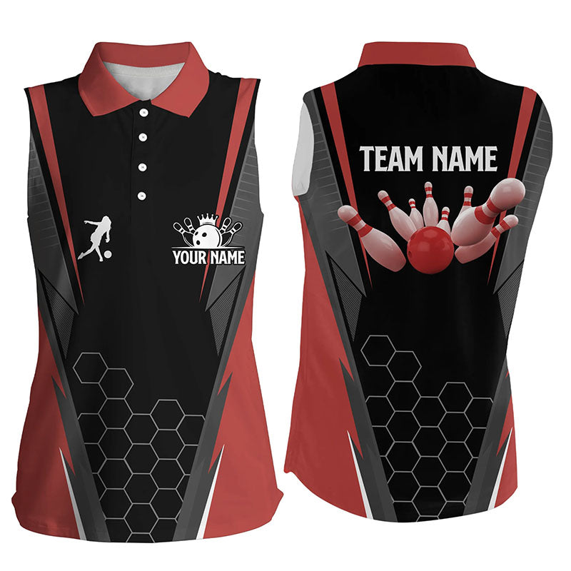 Black women's Bowling sleeveless polo Shirt Custom ladies Bowlers Jersey, team bowling outfits | Red NQS5936
