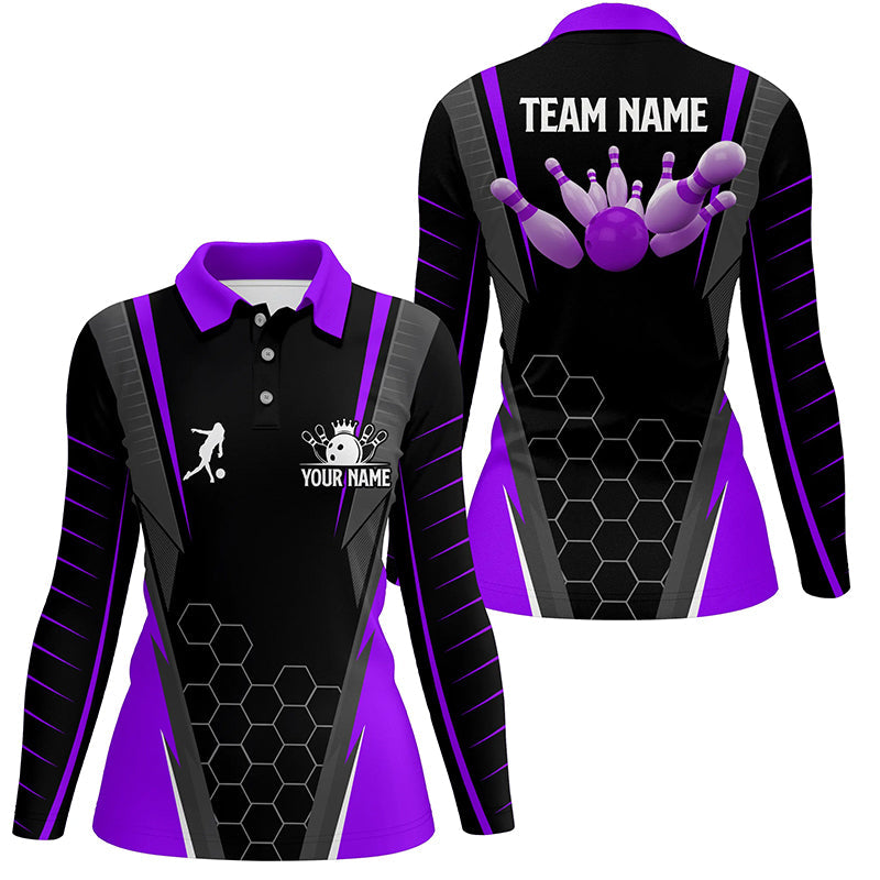 Black Women's Polo Bowling Shirt Custom Name Ladies Bowlers Jersey, team bowling outfits | Purple NQS6132