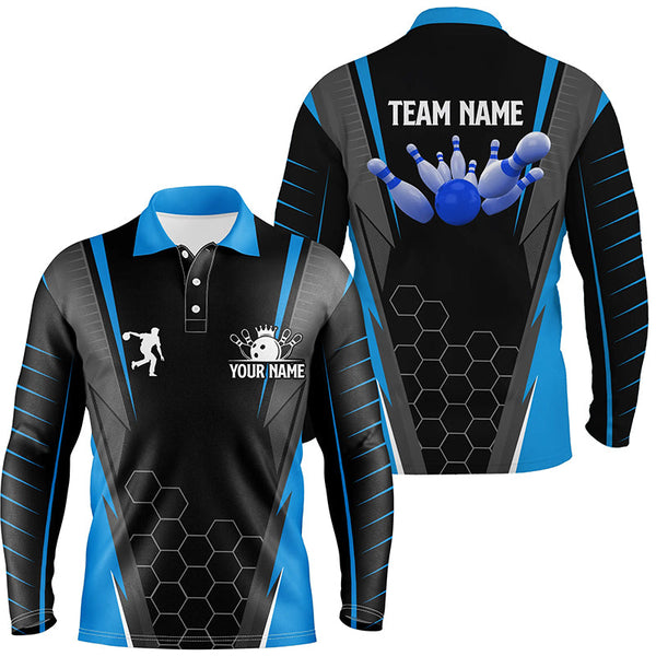 Black Men's Bowling polo Shirt Custom Name mens Bowlers Jersey, team bowling outfits | Blue NQS6133