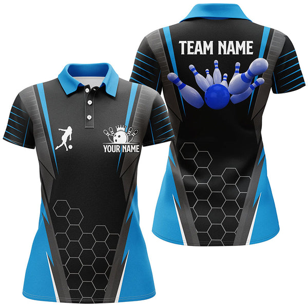 Black Women's Polo Bowling Shirt Custom Name Ladies Bowlers Jersey, team bowling outfits | Blue NQS6133