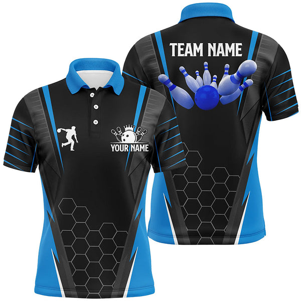 Black Men's Bowling polo Shirt Custom Name mens Bowlers Jersey, team bowling outfits | Blue NQS6133