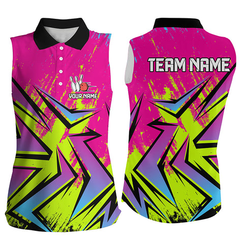 Colorful Bowling Sleeveless Polo Shirts For Women Custom Bowling Team Jersey, Gift For Bowlers NQS8921