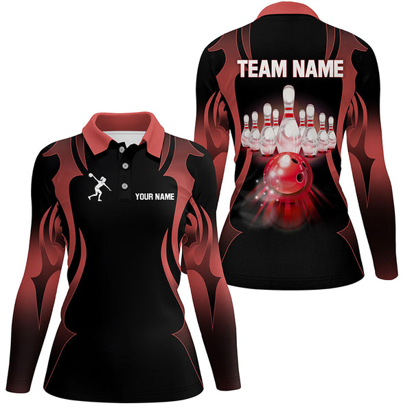 Black and Red Custom Bowling Polo, Quarter Zip Shirts For Women, Personalized Bowling Team Jerseys NQS8927