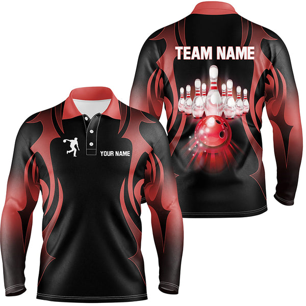 Black and Red Custom Bowling Polo, Quarter Zip Shirts For Men, Personalized Bowling Team Jerseys NQS8927