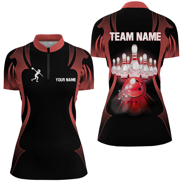 Black and Red Custom Bowling Polo, Quarter Zip Shirts For Women, Personalized Bowling Team Jerseys NQS8927