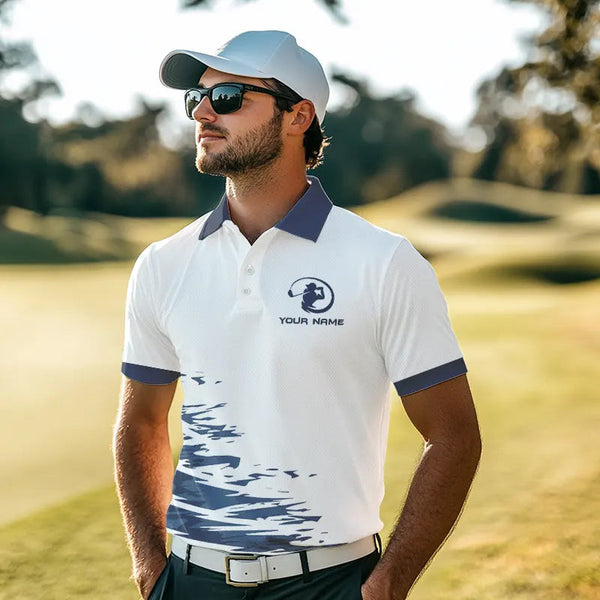 Blue and White Mens golf polo shirts custom golf attire for mens, personalized golf gifts NQS9376