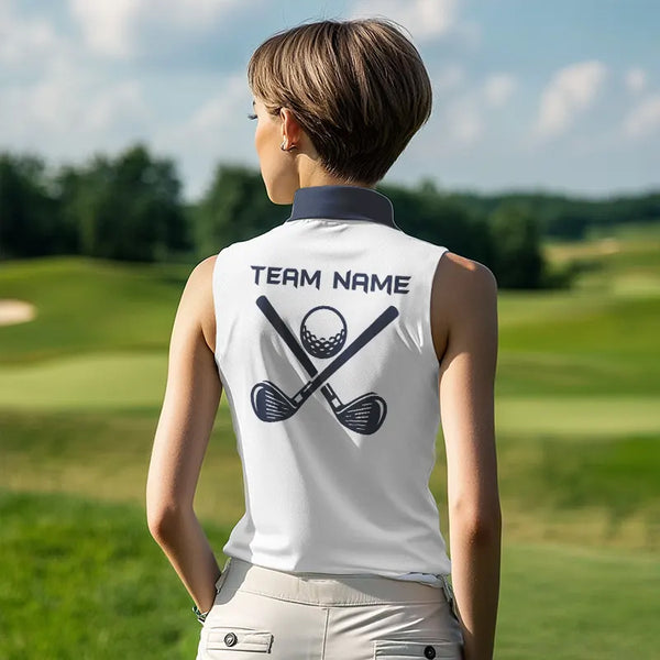 Blue and White Women sleeveless polo shirt custom golf attire for ladies, personalized golf gifts NQS9376