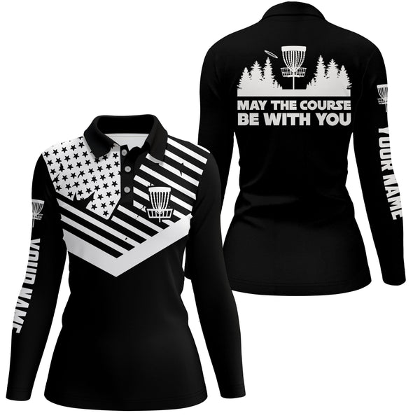 Black American flag Women disc golf polo custom May the course be with you disc golf shirts for womens NQS5928