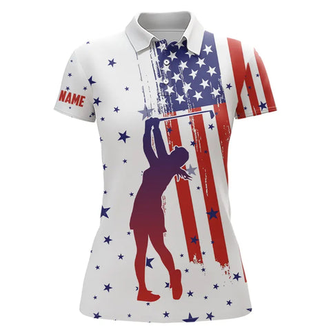 Red, White and Blue American Flag Womens Golf Polo Shirts custom patriotic golf tops for women NQS9168