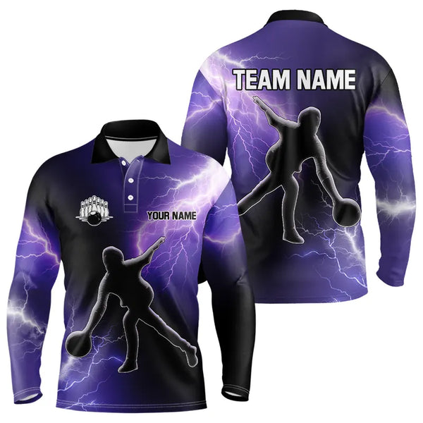 Purple Lightning Thunder Bowling Shirts for Men Custom Team Bowling Polo, Quarter Zip Jerseys NQS9170