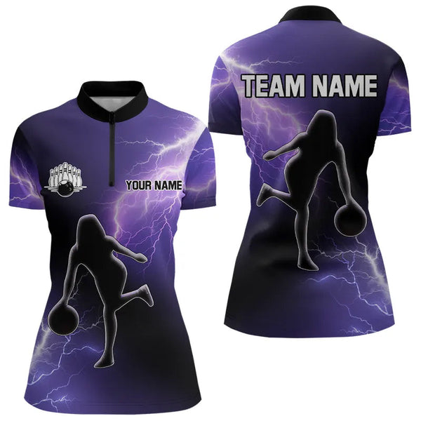 Purple Lightning Thunder Bowling Shirts for Women Custom Team Bowling Polo, Quarter Zip Jerseys NQS9170