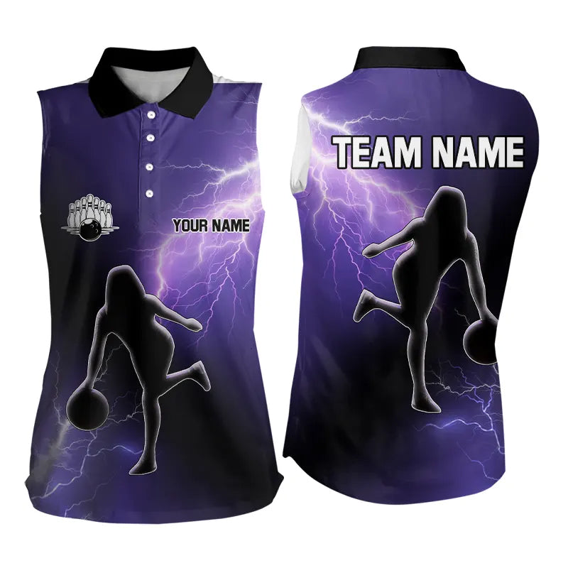 Purple Lightning Thunder Bowling Shirts for Women Custom Team Bowling Sleeveless Polo Shirts NQS9170