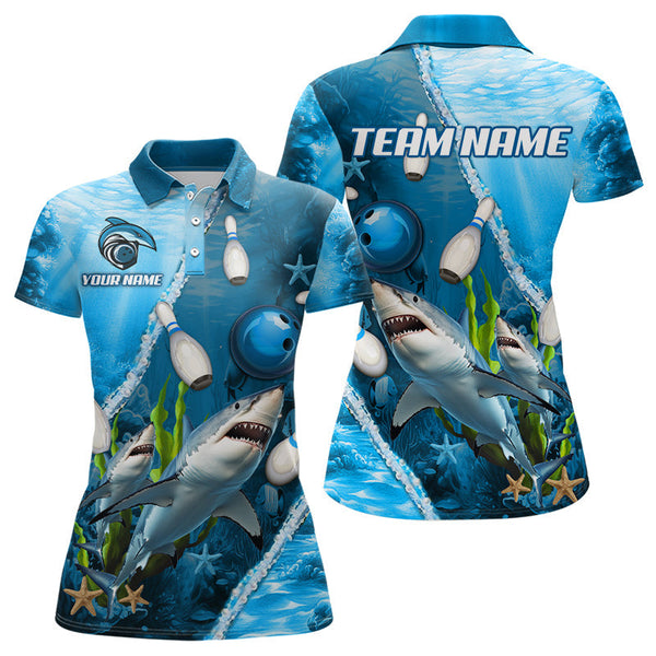 Blue Shark Bowling Polo, Quarter Zip Shirts for Women Custom Team Shark Bowling Jerseys NQS9173
