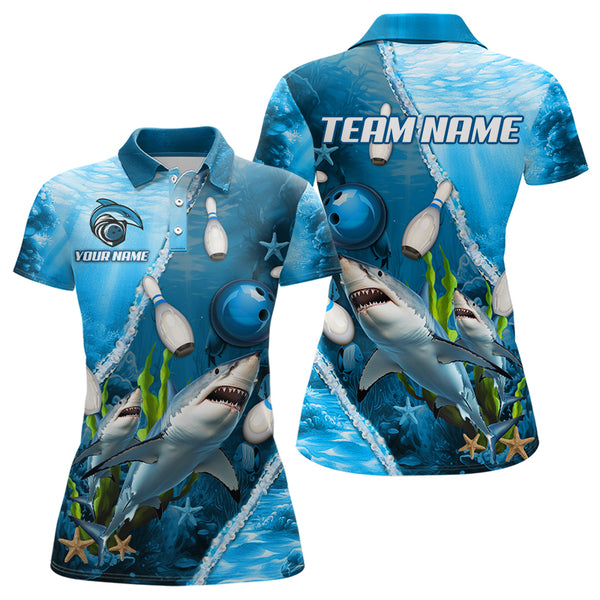 Blue Shark Bowling Polo, Quarter Zip Shirts for Women Custom Team Shark Bowling Jerseys NQS9173