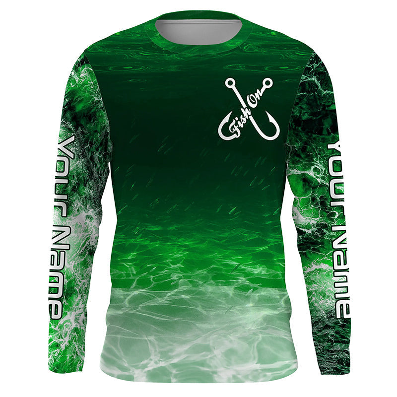 Fish on green sea water camo Custom Name performance long sleeve fishing shirts uv protection NQS7039