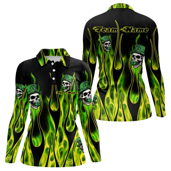Green Flame clover skull St Patrick's Day Women bowling shirts Custom Lucky Bowling Team Jerseys NQS9379