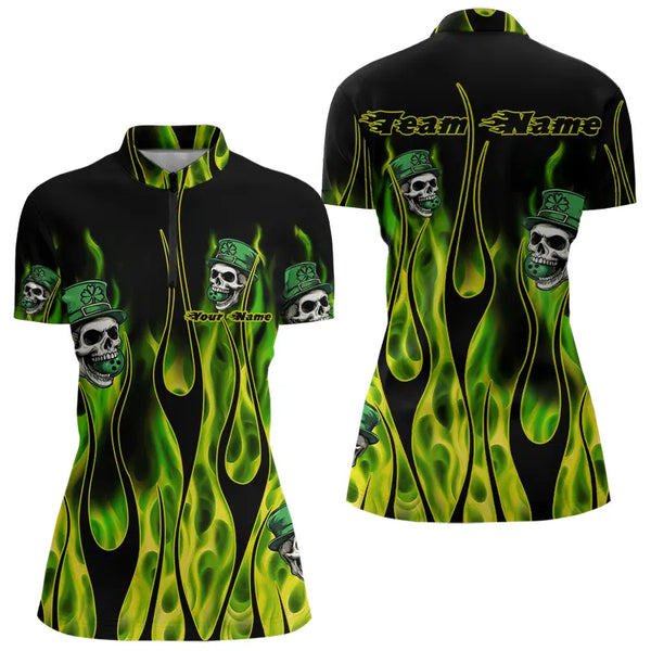 Green Flame clover skull St Patrick's Day Women bowling shirts Custom Lucky Bowling Team Jerseys NQS9379