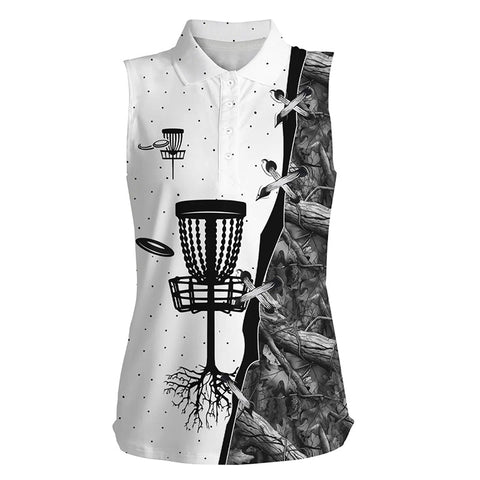 Womens sleeveless disc golf polo shirt black camo disc golf hole disc golf team shirt, disc golf gifts NQS4730