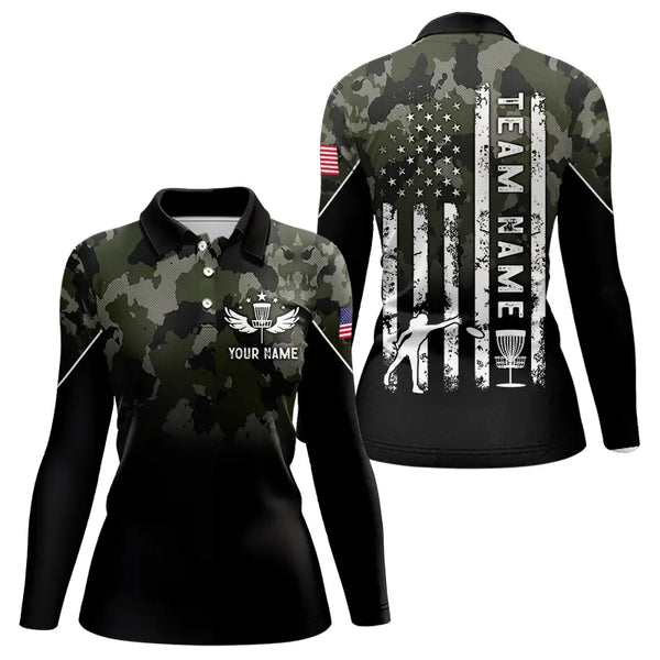 Black Green Camo Women Disc golf polo shirts custom American Flag patriotic team disc golf jerseys NQS9522