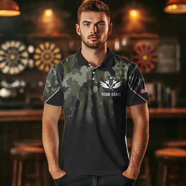 Personalized Black Green Camo Darts Shirts For Men Custom American Flag patriotic Team Darts Jersey NQS9523
