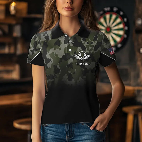 Personalized Black Green Camo Darts Shirts For Women Custom American Flag patriotic Team Darts Jersey NQS9523