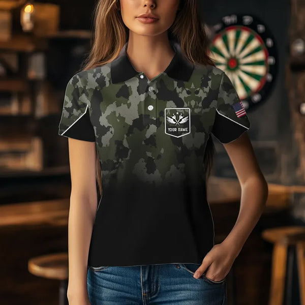Personalized Black Green Camo Darts Shirts For Women Custom American Flag patriotic Team Darts Jersey NQS9523