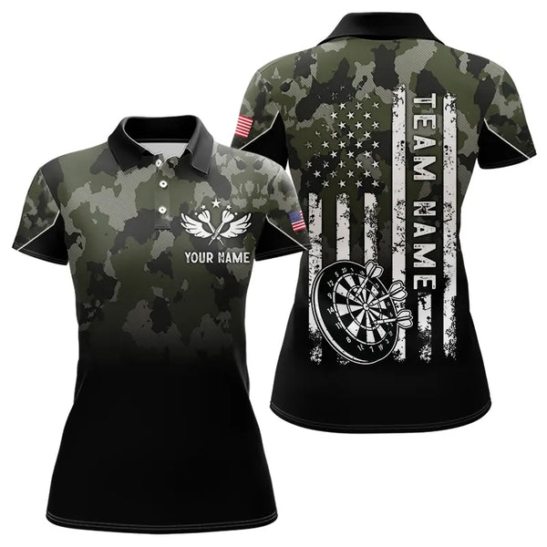 Personalized Black Green Camo Darts Shirts For Women Custom American Flag patriotic Team Darts Jersey NQS9523
