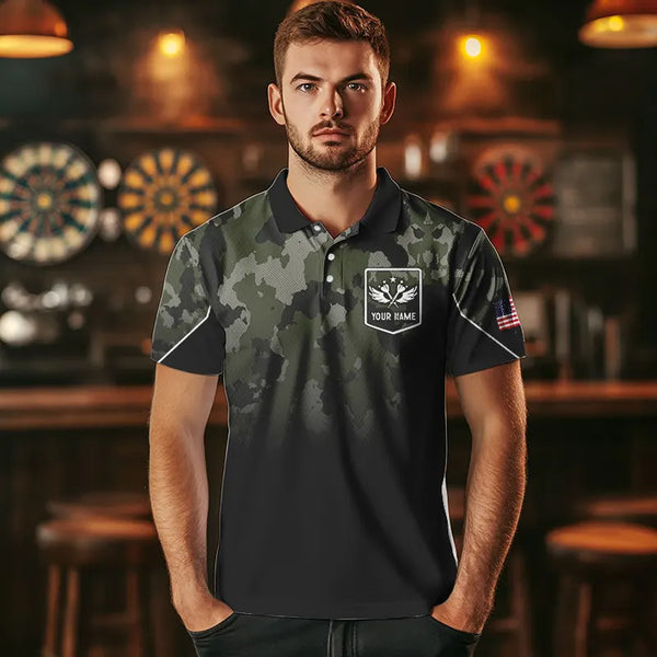 Personalized Black Green Camo Darts Shirts For Men Custom American Flag patriotic Team Darts Jersey NQS9523