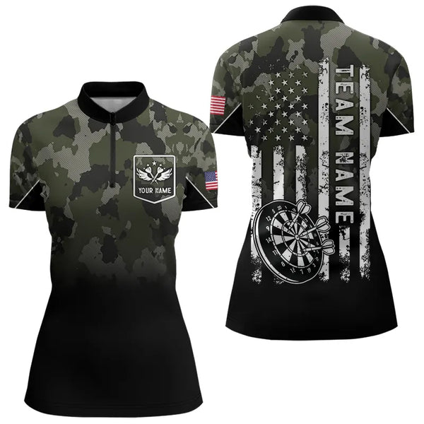 Personalized Black Green Camo Darts Shirts For Women Custom American Flag patriotic Team Darts Jersey NQS9523