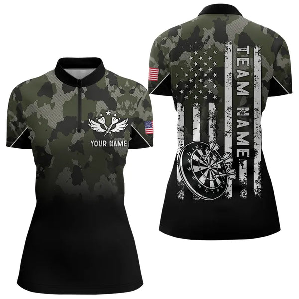 Personalized Black Green Camo Darts Shirts For Women Custom American Flag patriotic Team Darts Jersey NQS9523