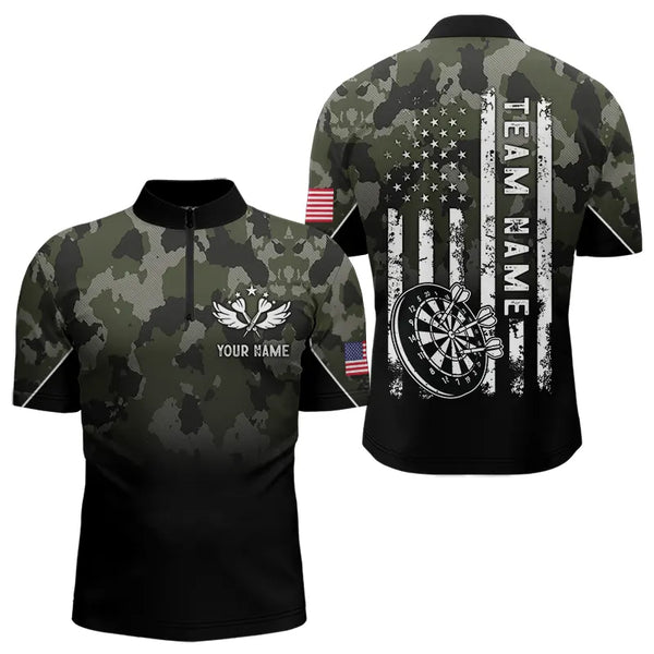 Personalized Black Green Camo Darts Shirts For Men Custom American Flag patriotic Team Darts Jersey NQS9523