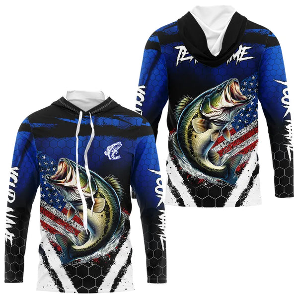 Largemouth Bass fishing American Flag Custom patriotic long sleeve team Bass fishing shirts | Blue NQS9529
