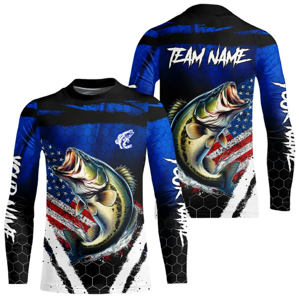 Largemouth Bass fishing American Flag Custom patriotic long sleeve team Bass fishing shirts | Blue NQS9529