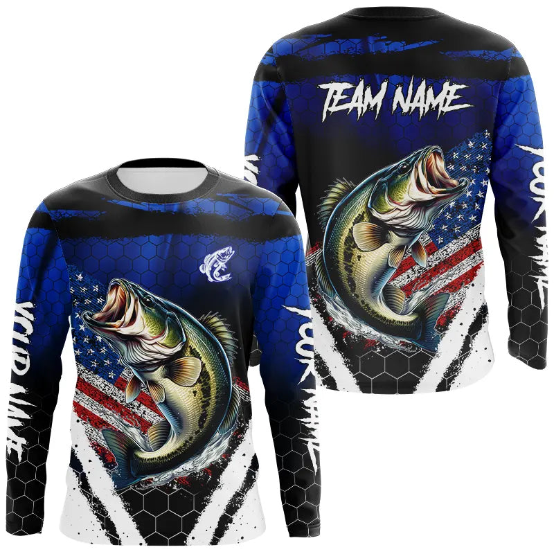Largemouth Bass fishing American Flag Custom patriotic long sleeve team Bass fishing shirts | Blue NQS9529