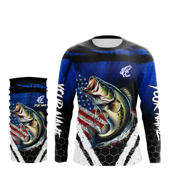 Largemouth Bass fishing American Flag Custom patriotic long sleeve team Bass fishing shirts | Blue NQS9529