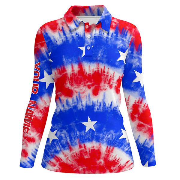 Red, white and blue tie dye American flag Womens golf polo shirts custom team golf shirts ladies NQS5466