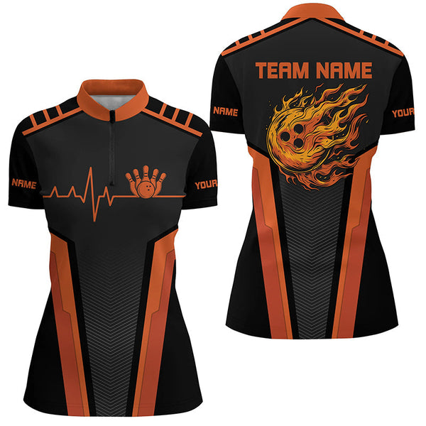 Black and orange Flame Bowling shirts for Women custom Bowling Ball Pins heartbeat team bowling shirts NQS7827