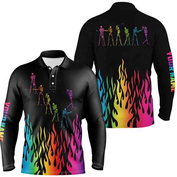 Rainbow flame golf skeleton custom black Mens golf polo shirts, black mens golf shirt NQS6144
