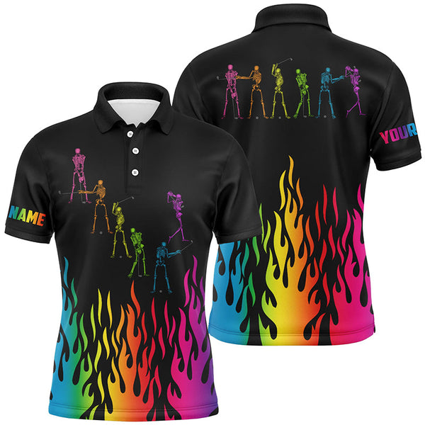 Rainbow flame golf skeleton custom black Mens golf polo shirts, black mens golf shirt NQS6144