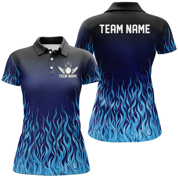 Blue Flame Fire Bowling Shirts For Women Custom Bowling Team League Jerseys, Bowling Outfits NQS8724