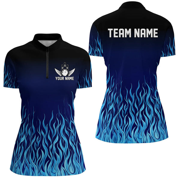 Blue Flame Fire Bowling Shirts For Women Custom Bowling Team League Jerseys, Bowling Outfits NQS8724