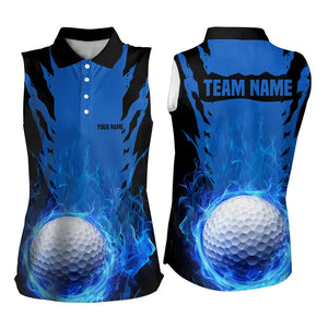 Black and Blue Flame Golf Ball Womens Sleeveless Polo Shirt custom team ladies golf tops golf gifts NQS9179