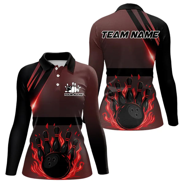Black And Red Flame Bowling Ball and pins Bowling Shirts For Women Custom Team Bowling Jerseys NQS9387