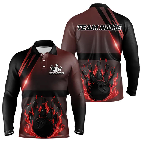 Black And Red Flame Bowling Ball and pins Bowling Shirts For Men Custom Team Bowling Jerseys NQS9387