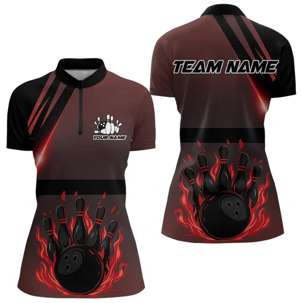 Black And Red Flame Bowling Ball and pins Bowling Shirts For Women Custom Team Bowling Jerseys NQS9387