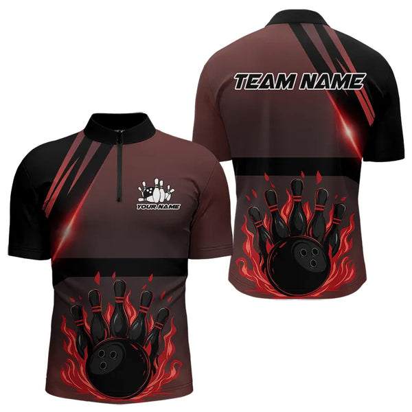 Black And Red Flame Bowling Ball and pins Bowling Shirts For Men Custom Team Bowling Jerseys NQS9387