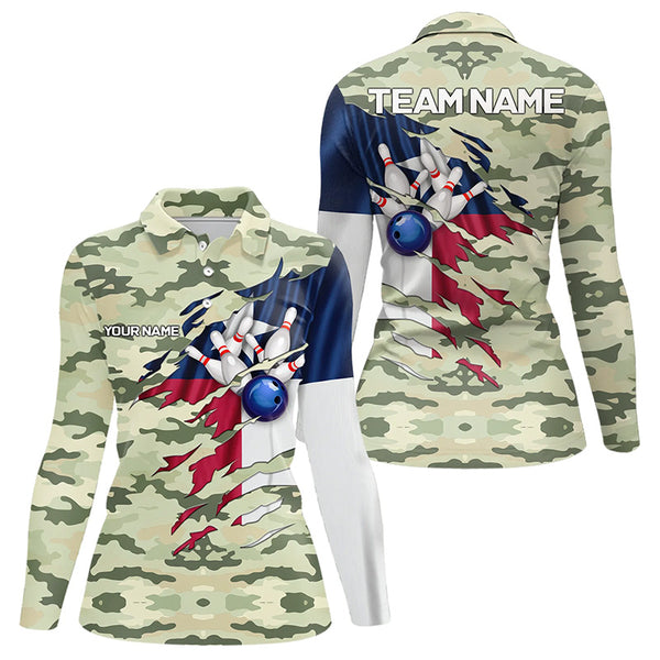 Texas Flag Green Camo Bowling Polo, Quarter Zip shirts for Women custom Texas Bowling Team Jerseys NQS9536